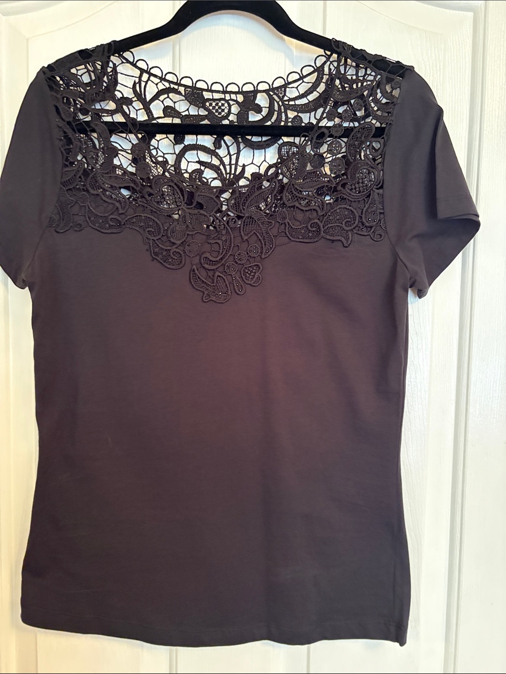 VENUS Black Short Sleeve Tee with Lace Yoke